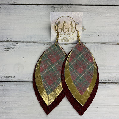 GINGER - Leather Earrings  ||  <BR>  SHIMMER GREEN/BURGUNDY PLAID (FAUX LEATHER), <BR> METALLIC GOLD SMOOTH, <BR> MATTE BURGUNDY PLAID