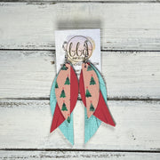ANDY -  Leather Earrings  ||   <BR> CHRISTMAS TREES ON PEACH (FAUX LEATHER), <BR> MATTE CORAL PINK, <BR> AQUA SAFFIANO
