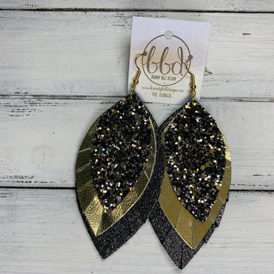 GINGER - Leather Earrings  ||  <BR>  NEW YEARS EVE GLITTER (FAUX LEATHER), <BR> METALLIC GOLD SMOOTH, <BR> SHIMMER PEWTER
