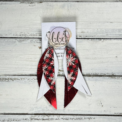 ANDY -  Leather Earrings  ||   <BR> RED & BLACK PLAID WITH SNOWFLAKES, <BR> MATTE WHITE, <BR> METALLIC RED SMOOTH