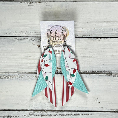 ANDY -  Leather Earrings  ||   <BR> PASTEL CHRISTMAS LIGHTS (FAUX LEATHER), <BR> AQUA SAFFIANO, <BR> RED & WHITE PETITE STRIPE