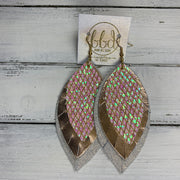 GINGER - Leather Earrings  ||  <BR>  IRIDESCENT NETTING GLITTER (FAUX LEATHER), <BR> METALLIC ROSE GOLD SMOOTH, <BR> SHIMMER ROSE GOLD