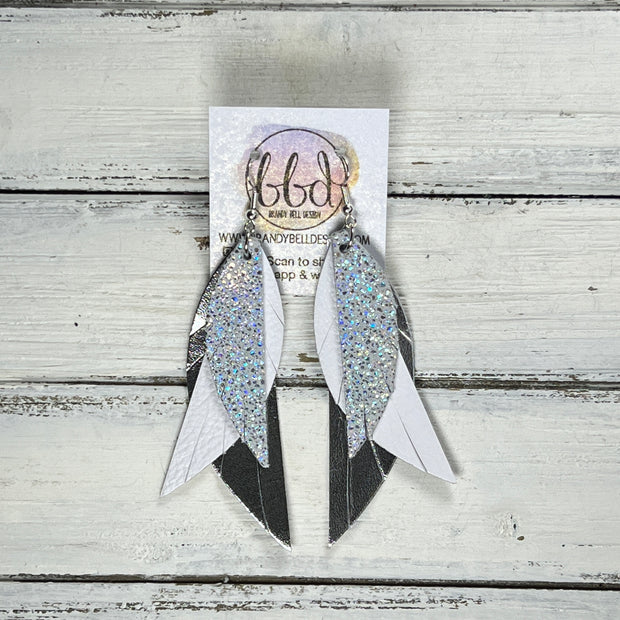 ANDY -  Leather Earrings  ||   <BR> SPARKLE SILVER, <BR> MATTE WHITE,<BR> METALLIC SILVER SMOOTH