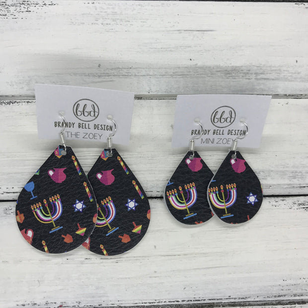 ZOEY (3 sizes available!) -  Leather Earrings  ||  HANUKKAH PRINT ON BLACK
