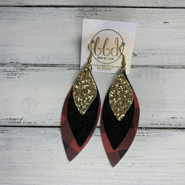 DOROTHY - Leather Earrings  ||  <BR> GOLD GLITTER (FAUX LEATHER), <BR> SHIMMER BLACK <BR> RED & BLACK BUFFALO PLAID