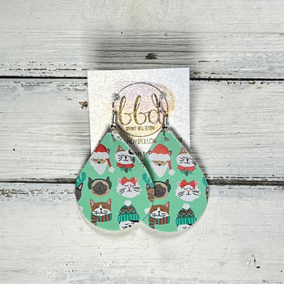ZOEY (3 sizes available!) -  Leather Earrings  ||  CHRISTMAS CATS ON GREEN (FAUX LEATHER)