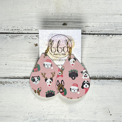ZOEY (3 sizes available!) -  Leather Earrings  ||  CHRISTMAS DOGS ON PINK (FAUX LEATHER)