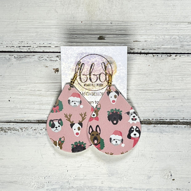 ZOEY (3 sizes available!) -  Leather Earrings  ||  CHRISTMAS DOGS ON PINK (FAUX LEATHER)
