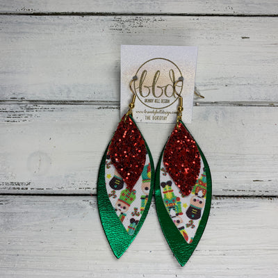 DOROTHY - Leather Earrings  ||  <BR> RED GLITTER (FAUX LEATHER), <BR> NUTCRACKER (FAUX LEATHER) <BR> METALLIC GREEN SMOOTH