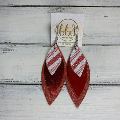 DOROTHY - Leather Earrings  ||  <BR> CANDY CANE GLITTER (FAUX LEATHER), <BR> METALLIC RED SMOOTH, <BR> SHIMMER RED