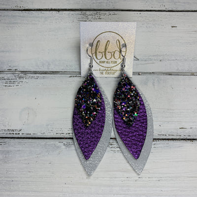 DOROTHY - Leather Earrings  ||  <BR> TREASURE GLITTER (FAUX LEATHER), <BR> METALLIC PURPLE PEBBLED, <BR> SHIMMER SILVER