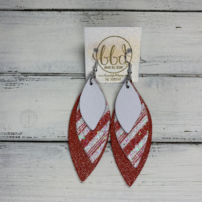 DOROTHY - Leather Earrings  ||  <BR> MATTE WHITE, <BR> CANDY CANE GLITTER (FAUX LEATHER), <BR> SHIMMER RED