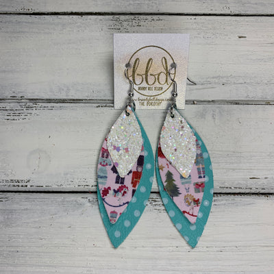 DOROTHY - Leather Earrings  ||  <BR> IRIDESCENT WHITE GLITTER (FAUX LEATHER), <BR> THE NUTCRACKER ON PINK (FAUX LEATHER), <BR> AQUA WITH WHITE POLKADOTS