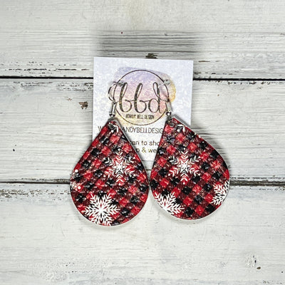 ZOEY (3 sizes available!) -  Leather Earrings  ||  RED & BLACK PLAID WITH SNOWFLAKES
