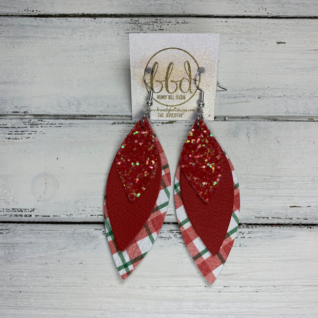 DOROTHY - Leather Earrings  ||  <BR> CANDY APPLE RED GLITTER (FAUX LEATHER), <BR> MATTE RED, <BR> RED, GREEN & WHITE TARTAN PLAID