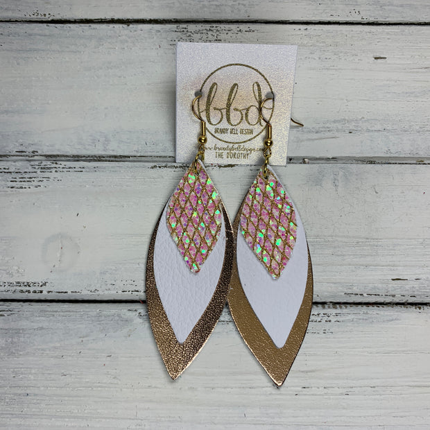 DOROTHY - Leather Earrings  ||  <BR> IRIDESCENT NETTING GLITTER (FAUX LEATHER), <BR> MATTE WHITE, <BR> METALLIC ROSE GOLD SMOOTH