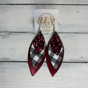 DOROTHY - Leather Earrings  ||  <BR> BURGUNDY GLITTER (FAUX LEATHER), <BR> PETITE BLACK & WHITE BUFFALO PLAID, <BR> METALLIC BURGUNDY SMOOTH