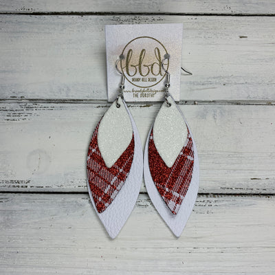 DOROTHY - Leather Earrings  ||  <BR> FINE WHITE GLITTER (FAUX LEATHER), <BR> RED & WHITE GLITTER PLAID (FAUX LEATHER), <BR> MATTE WHITE