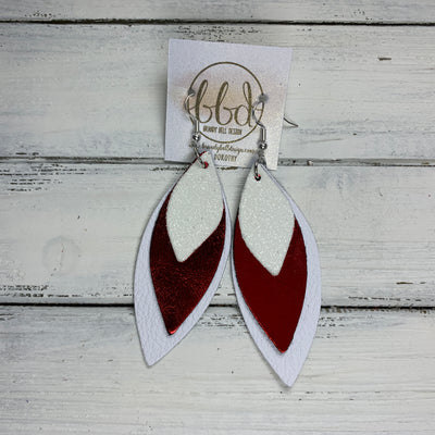 DOROTHY - Leather Earrings  ||  <BR> FINE WHITE GLITTER (FAUX LEATHER), <BR> METALLIC RED SMOOTH, <BR> MATTE WHITE