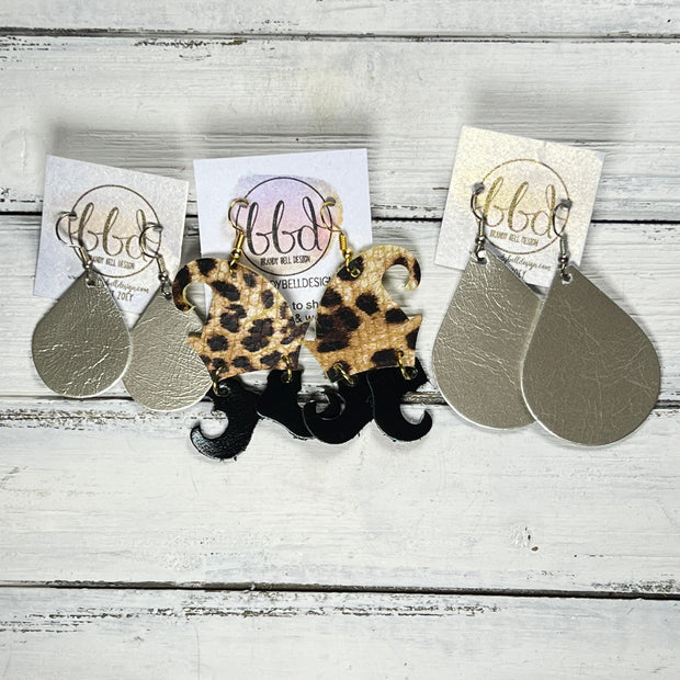 ELVES -  Leather Earrings  ||   <BR> RED & GREEN LEOPARD PRINT, <BR> SPARKLE GREEN