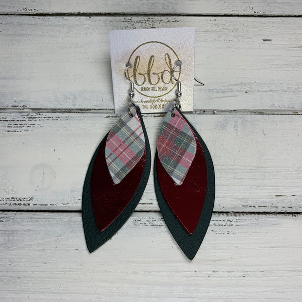 DOROTHY - Leather Earrings  ||  <BR> SHIMMER TARTAN PLAID (FAUX LEATHER), <BR> METALLIC BURGUNDY SMOOTH, <BR> MATTE HUNTER GREEN