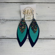 DOROTHY - Leather Earrings  ||  <BR> IRIDESCENT FOREST GLITTER (FAUX LEATHER), <BR> PEARLIZED AQUA, <BR> MATTE NAVY BRAIDED