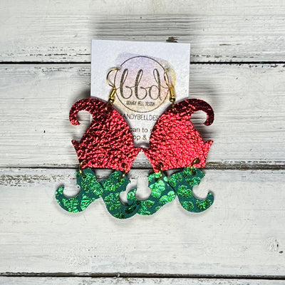 ELVES -  Leather Earrings  ||   <BR> METALLIC RED PEBBLED, <BR> METALLIC GREEN LEOPARD PRINT