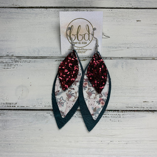 DOROTHY - Leather Earrings  ||  <BR> BURGUNDY GLITTER (FAUX LEATHER), <BR> SHIMMER CHRISTMAS DEER (FAUX LEATHER), <BR> MATTE DISTRESSED TEAL