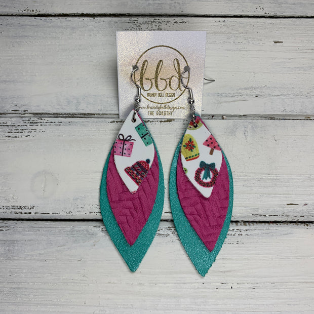 DOROTHY - Leather Earrings  ||  <BR> WHIMSICAL CHRISTMAS PRINT (FAUX LEATHER), <BR> PINK BRAIDED, <BR> PEARLIZED AQUA