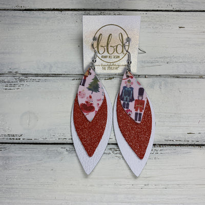 DOROTHY - Leather Earrings  ||  <BR> THE NUTCRACKER ON PINK (FAUX LEATHER), <BR> SHIMMER RED, <BR> MATTE WHITE