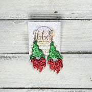 GNOME -  Leather Earrings  ||   <BR>SPARKLE GREEN, <BR>METALLIC RED PEBBLED