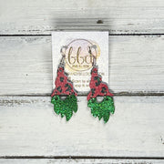 GNOME -  Leather Earrings  ||   <BR> RED & GREEN LEOPARD PRINT, <BR> SPARKLE GREEN