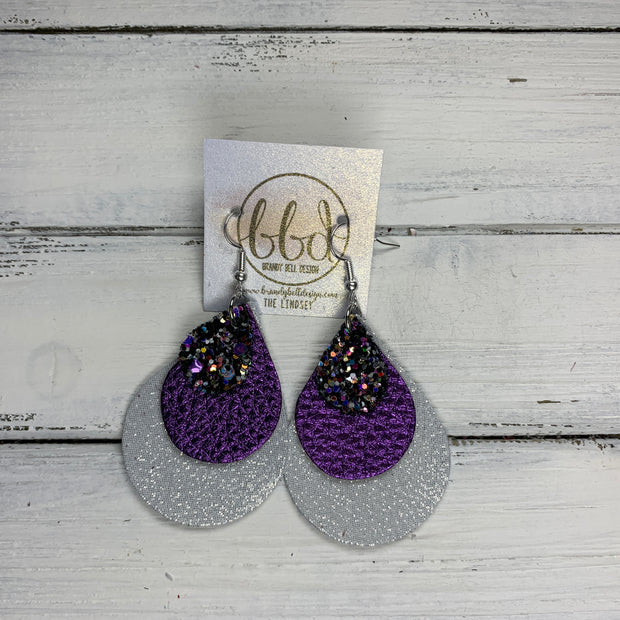 LINDSEY - Leather Earrings  ||   <BR>  TREASURE (FAUX LEATHER), <BR> METALLIC PURPLE PEBBLED,  <BR> SHIMMER SILVER