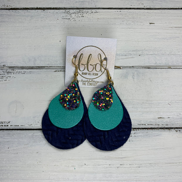 LINDSEY - Leather Earrings  ||   <BR>  IRIDESCENT FOREST GLITTER (FAUX LEATHER), <BR> PEARLIZED AQUA,  <BR> MATTE NAVY BRAIDED
