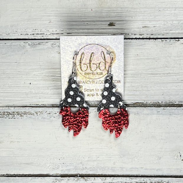 GNOME -  Leather Earrings  ||   <BR> BLACK & WHITE POLKADOT, <BR> METALLIC RED PEBBLED