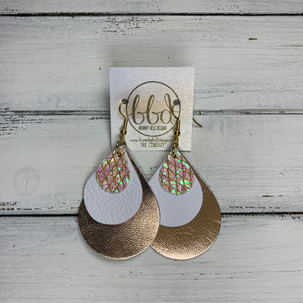 LINDSEY - Leather Earrings  ||   <BR>  IRIDESCENT NETTING GLITTER (FAUX LEATHER), <BR> MATTE WHITE,  <BR> METALLIC ROSE GOLD SMOOTH