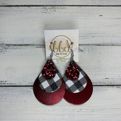 LINDSEY - Leather Earrings  ||   <BR> BURGUNDY GLITTER (FAUX LEATHER), <BR> PETITE BLACK & WHITE BUFFALO PLAID,  <BR> METALLIC BURGUNDY SMOOTH