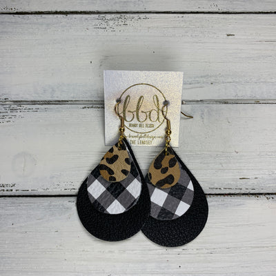 LINDSEY - Leather Earrings  ||   <BR> CARAMEL CHEETAH, <BR> PETITE BLACK & WHITE BUFFALO PLAID,  <BR> MATTE BLACK