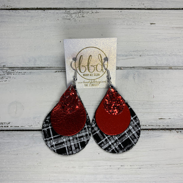 LINDSEY - Leather Earrings  ||   <BR> RED GLITTER (FAUX LEATHER), <BR> METALLIC RED SMOOTH,  <BR> BLACK & WHITE PLAID