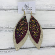 INDIA - Leather Earrings   ||  <BR> AUTUMN HARVEST GLITTER (FAUX LEATHER),  <BR> METALLIC CRANBERRY SMOOTH <BR> IVORY WITH ROSE GOLD HATCHING