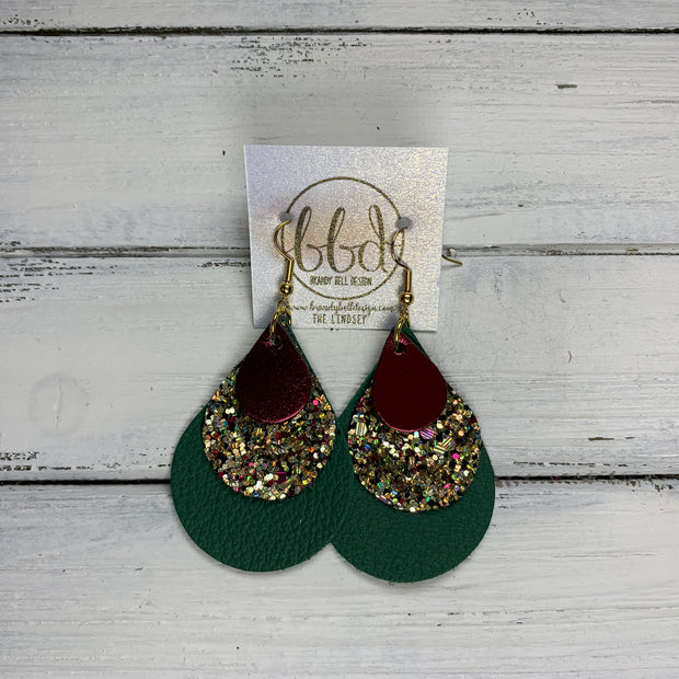 LINDSEY - Leather Earrings  ||   <BR> METALLIC BURGUNDY SMOOTH, <BR> CHUNKY GOLD JEWELS GLITTER (FAUX LEATHER),  <BR> MATTE EMERALD GREEN