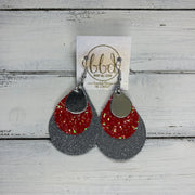 LINDSEY - Leather Earrings  ||   <BR> METALLIC SILVER SMOOTH, <BR> CANDY APPLE RED GLITTER (FAUX LEATHER),  <BR> SHIMMER GRAY
