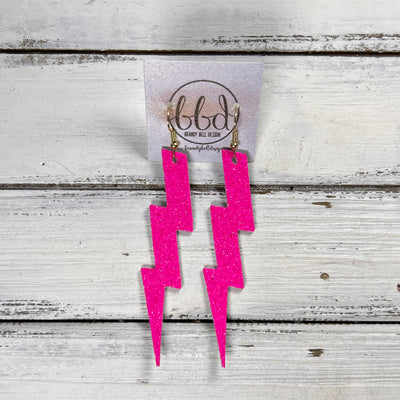 LIGHTNING BOLT (3.5”) <br> LIMITED EDITION ||  Leather Earrings || <BR> *GLITTER ON CORK* FINE NEON PINK GLITTER