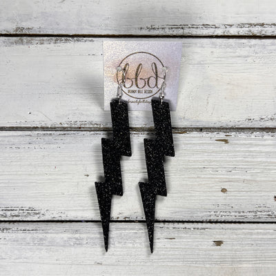 LIGHTNING BOLT (3.5”) <br> LIMITED EDITION ||  Leather Earrings || <BR> *GLITTER ON CORK* FINE BLACK GLITTER