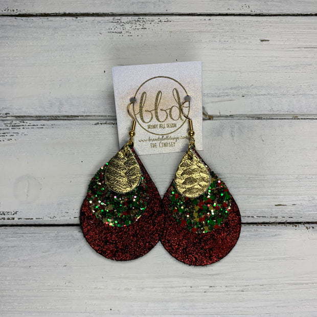 LINDSEY - Leather Earrings  ||   <BR> METALLIC GOLD BRAIDED, <BR> CHRISTMAS GLITTER (FAUX LEATHER),  <BR> SHIMMER RED