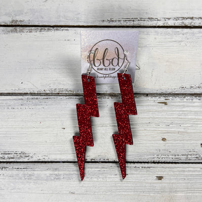 LIGHTNING BOLT (3.5”) <br> LIMITED EDITION ||  Leather Earrings || <BR> *GLITTER ON CORK* FINE RED GLITTER