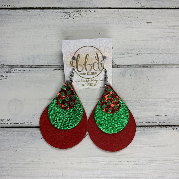 LINDSEY - Leather Earrings  ||   <BR> RED & GREEN POLKADOT GLITTER (FAUX LEATHER), <BR> METALLIC GREEN PEBBLED,  <BR> MATTE RED