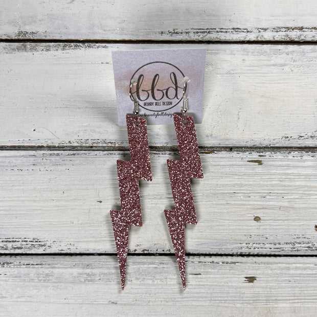 LIGHTNING BOLT (3.5”) <br> LIMITED EDITION ||  Leather Earrings || <BR> *GLITTER ON CORK* FINE ROSE GOLD GLITTER