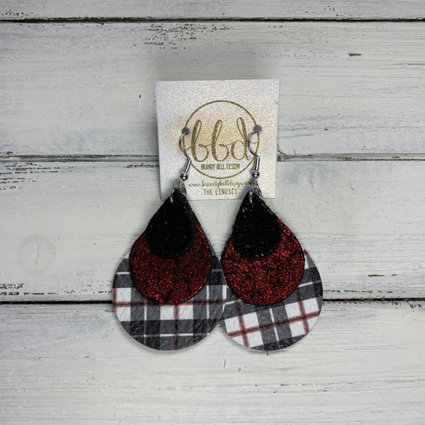LINDSEY - Leather Earrings  ||   <BR> BLACK GLOSS DOTS, <BR> SHIMMER RED,  <BR> BLACK, WHITE & RED TARTAN PLAID