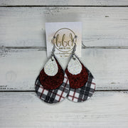 LINDSEY - Leather Earrings  ||   <BR> IRIDESCENT WHITE GLITTER (FAUX LEATHER), <BR> SHIMMER RED,  <BR> BLACK, WHITE & RED TARTAN PLAID